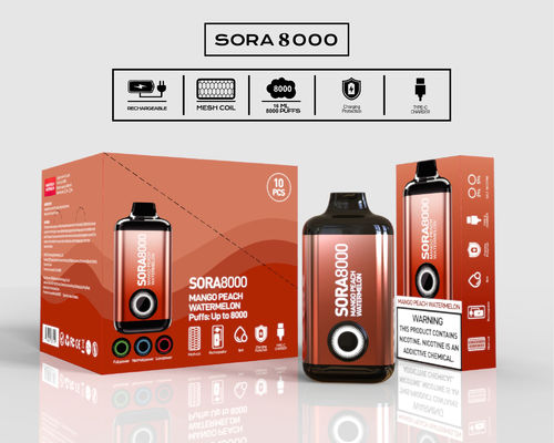 Sora 8000 Puffs Vape Pen descartável com bobina de malha de 1,1 ohm 14 ml suco pré-cheio